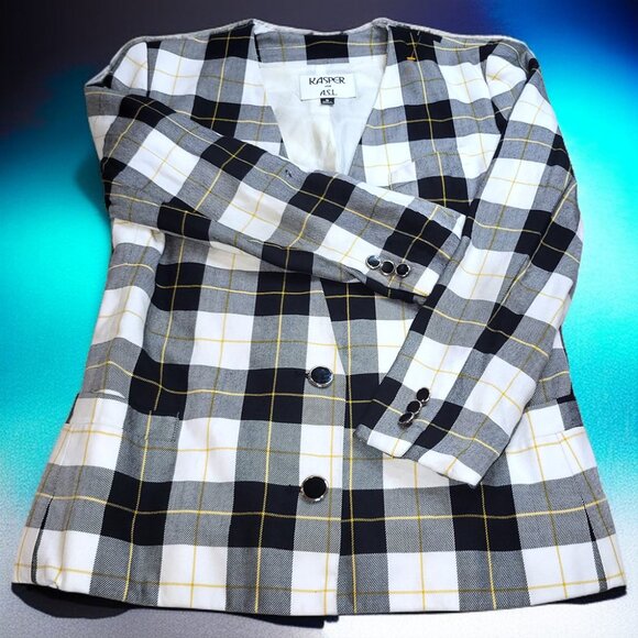 Kasper Plaid Blazer Jacket – Black, White & Yellow Check - Picture 6 of 9